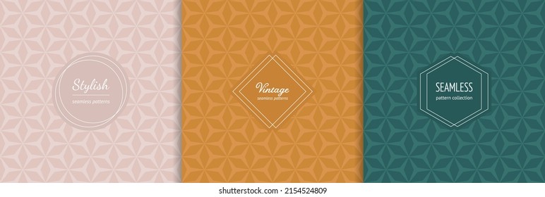 Vector abstract seamless pattern collection with stylish labels, badges. Trendy cover designs. Abstract texture with geometric floral ornament. Background templates for decor, print, product package