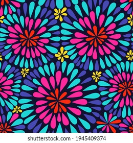 Vector Abstract Seamless Pattern with Colorful Floral Fireworks. Awesome GraphicFestive Background. 