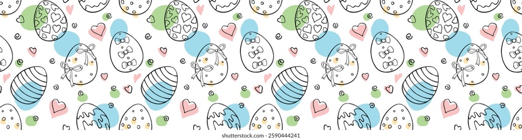 Vector abstract seamless pattern with colorful Easter eggs, hearts, points spots, stains. Spring hand drawn doodle, holiday tradition backgrounds and textures with decorative elements