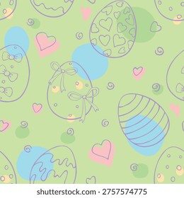 Vector abstract seamless pattern with colorful Easter eggs, hearts, points spots, stains. Spring hand drawn doodle, holiday tradition backgrounds and textures with decorative elements