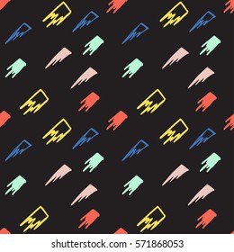 Vector abstract seamless pattern with colorful geometric elements on black background.