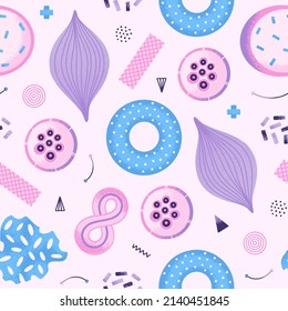 Vector abstract seamless pattern with creative different textured shapes in hand drawn style. Repeating background in pink, purple and blue colors. Wallpaper, wrapping paper, textiles, covers