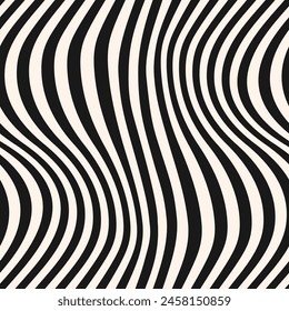 Vector abstract seamless pattern with curved lines, wavy stripes. Black and white distorted background. Groovy dynamical rippled texture, 3D visual effect, illusion of movement. Pop art repeat design