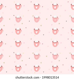 Vector - Abstract seamless pattern of cute hot coffee cup or chocolate with white whip cream and mini hearts on pink background. Can be use for backdrop, print, paper, fabric, wrapping, backdrop.