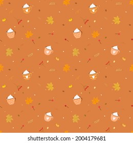 Vector - Abstract seamless pattern of cute coffee cup and many leaves on orange background. Autumn, Fall season greeting. Can be use for fabric, print, paper, wrapping. origami.