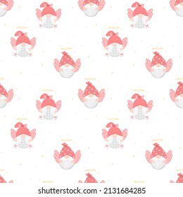 Vector - Abstract seamless pattern of cute cupid Gnome on white background. Lovely image. Can be use for print, paper, fabric, wallpaper, card. Birthday, valentine, wedding.