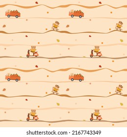 Vector - Abstract Seamless Pattern Of Cute Teddy Bear Ride Scooter, Motorcycle And Drive Truck On Autumn Concept Background. Fall Season. Can Be Use For Print, Paper, Wrapping, Fabric.