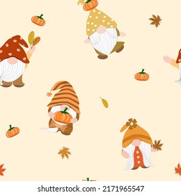 Vector - Abstract seamless pattern of cute Gnome holding pumpkin, maple leaves on autumn background. Fall season. Can be use fir print, paper, fabric, wrapping.