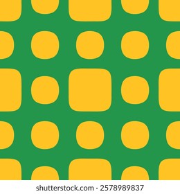 Vector abstract seamless pattern. Cute funky geometric texture with rounded shapes, circles, squares, polka dots. Simple green and yellow fresh background. Repeated design for decor, gift paper, print