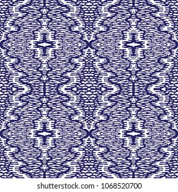 Vector abstract seamless pattern with dark blue stripes on a white background. Exotic batik, fantasy ikat ornament, textile print design, wallpaper, wrapping paper, album cover, tie dye decoration