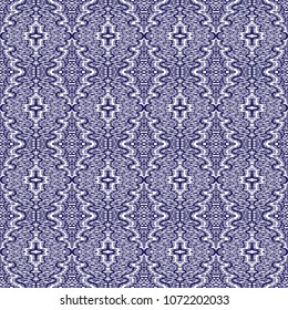 Vector abstract seamless pattern with dark blue stripes on a white background. Exotic batik, fantasy ikat ornament, textile print design, wallpaper, wrapping paper, album cover, tie dye decoration