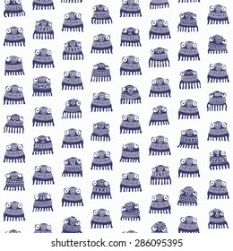 Vector abstract seamless pattern from dark blue little octopus silhouette with decorative ornaments. Light grey background from dense white stylized water drops