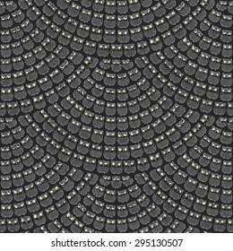 Vector abstract seamless pattern from dark grey little owl silhouette with decorative ornaments and big yellow eyes. Dark grey wavy background for decoration.