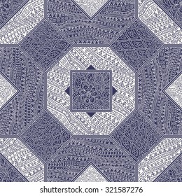 Vector abstract seamless pattern from dark indigo blue and light beige hand drawn outline geometrical ornaments, freehand stripes and fantasy leaves with flower. Textile patchwork print.  Page fill. 