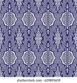 Vector abstract seamless pattern from dark indigo blue hand drawn curly lines and spots on a white background. Ikat print, Islamic textile design, wallpaper, wrapping paper, album cover