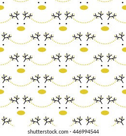 Vector abstract seamless pattern with deer and garland. Black gold color. Christmas winter background.