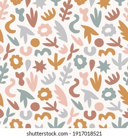 Vector abstract seamless pattern design with simple hand-drawn elements. Neutral seamless floral texture. Decorative shapes and silhouettes repeated background for fabric design. 