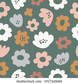 Vector abstract seamless pattern design with simple hand-drawn flowers. Neutral seamless floral texture on green background. Decorative shapes and silhouettes ideal for baby fabric design. 