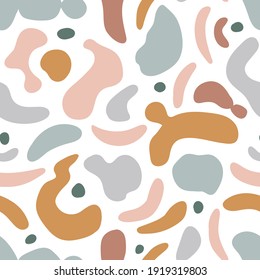 Vector abstract seamless pattern design with simple hand-drawn colorful spots. Neutral seamless  texture. Decorative shapes and silhouettes repeated background for fabric design. 