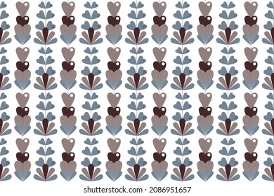 Vector abstract seamless pattern. Design with flowers and hearts in coffee and blue tones on a white background. Heart-shaped vertically oriented art elements.