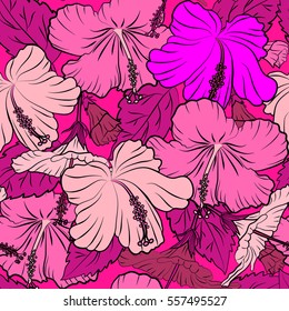 Vector abstract seamless pattern for design and textile. Multicolored background. Multicolor ornament of various simple flowers, leaves and buds on a magenta background.