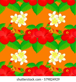 Vector abstract seamless pattern for design, wrapping, textile or fabric. Multicolor ornament with many small simple flowers over a orange background.