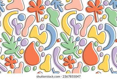 Vector abstract seamless pattern. Doodle style background with organic shapes in pastel colors and black outline