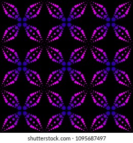 Vector abstract seamless pattern with dots, sparkles, crosses, floral shapes, fireworks. Trendy background in acid neon colors, purple, pink, magenta and black. Halftone gradient. Creative design