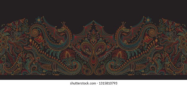Vector abstract seamless pattern with dragon print on a black background. Fern leaves and fantasy beast animals, ornate cute dinosaur border, Paisley elements from dark colorful hand drawn flowers
