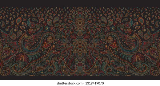 Vector abstract seamless pattern with dragon print on a black background. Fern leaves and fantasy beast animals, ornate cute dinosaur border, Paisley elements from dark colorful hand drawn flowers