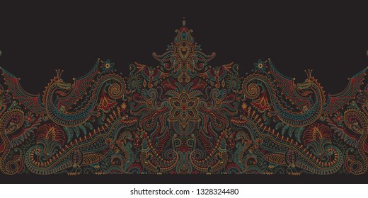 Vector abstract seamless pattern with dragon print on a black background. Fern leaves and fantasy beast animals, ornate cute dinosaur border, Paisley elements from dark colorful hand drawn flowers