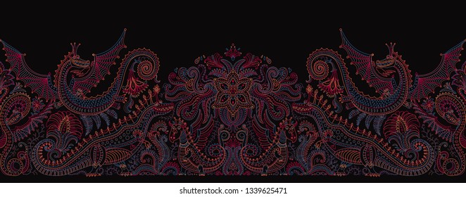 Vector abstract seamless pattern with dragon print on a black background. Fern leaves and fantasy beast animals, ornate cute dinosaur border, Paisley elements from dark colorful hand drawn flowers