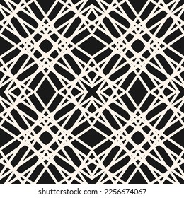 Vector abstract seamless pattern. Elegant black and white background with thin intertwined lines, grid, net, mesh, lattice. Monochrome graphic texture. Minimal decorative ornament. Repeated design