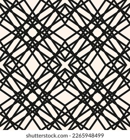 Vector abstract seamless pattern. Elegant black and white background with thin intertwined lines, grid, net, mesh, lattice. Monochrome graphic texture. Minimal decorative ornament. Repeat geo design