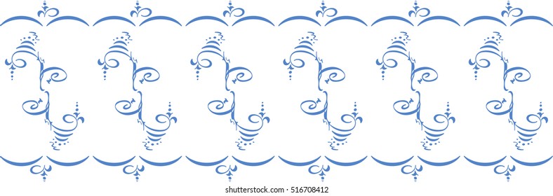 Vector abstract seamless pattern elegant handwriting, east folk style. blank banner blue