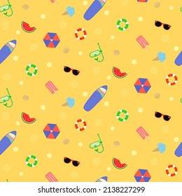 Vector - Abstract seamless pattern of element summer on yellow background. Sun, surfboard, sunglasses, umbrella, diving mask, rubber ring and ice cream. Can be use for print, paper, fabric, wrapping.