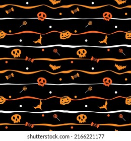 Vector - Abstract seamless pattern element of Halloween on black background. Skull, pumpkin, candy, lollipop and polka dot. Holiday season. Cartoon.