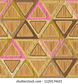 Vector abstract seamless pattern with embroidered smoothness triangles with contour by hand seam