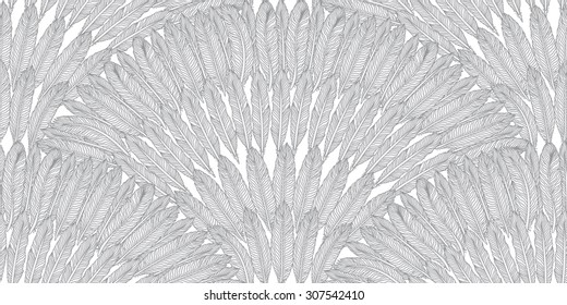 Vector abstract seamless pattern with fish scale layout. Fan of a peacock tail shape from silver grey bird feather silhouette on a white background 