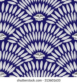 Vector abstract seamless pattern with fish scale layout.Fan of a peacock tail shape from silver grey bird feather silhouette, stylized raccoon skull on dark indigo blue background. Coloring book page