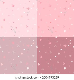 Vector - Abstract seamless pattern of flower with mini heart and butterfly. 4 color shade of pink tone. Can be use for print, paper, fabric, clothes, wrapping or card. Wedding, valentine's. 