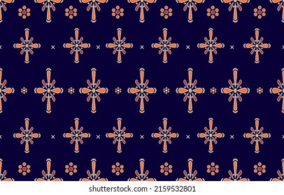 Vector - Abstract seamless pattern of flower geometric ethnic on dark blue background. Embroidery, African, Islamic design. Can be use for print, curtain, pillow, fabric, cloth.