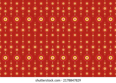 Vector - Abstract seamless pattern flower. Pink, yellow on red background. Ethnic geometric image. Can be use for print, fabric, scarf, paper, satin, cotton, cloth.