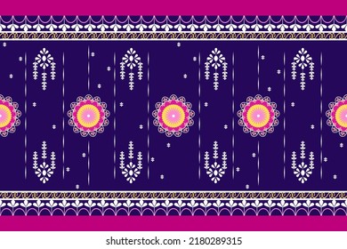 Vector - Abstract seamless pattern flower. Purple, pink, yellow on dark blue background. Ethnic geometric image. Can be use for print, fabric, scarf, paper, satin, cotton, cloth.