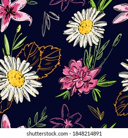Vector abstract seamless pattern with flowers. Hand drawing