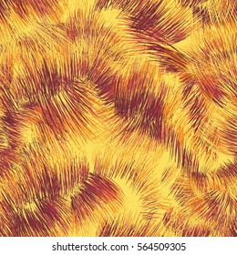 Vector abstract seamless pattern. Four colors. Chaotic brush brown, red, orange, yellow mixed freehand strokes like savanna dry grass or fox-color fur on yellow background.