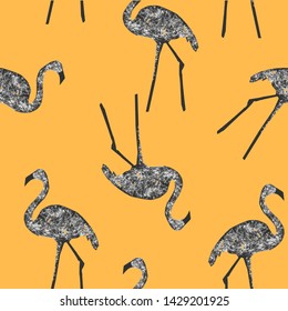 Vector abstract seamless pattern with gentle colorful flamingos on yellow background. Good for packages, wrapping, fabric or textile.