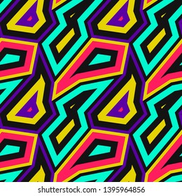 Vector abstract seamless pattern with geometric shapes, colorful angular elements. Retro vintage art print. Memphis style design, 1980s - 1990s fashion. Urban texture. Trendy repeatable background