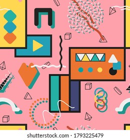 Vector abstract seamless pattern with geometric elements. Trendy bright background. Retro design, fashion style  80 - 90s.