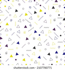 Vector abstract seamless pattern. Geometric multicolored shapes in a chaotic pattern on an isolated white background. 